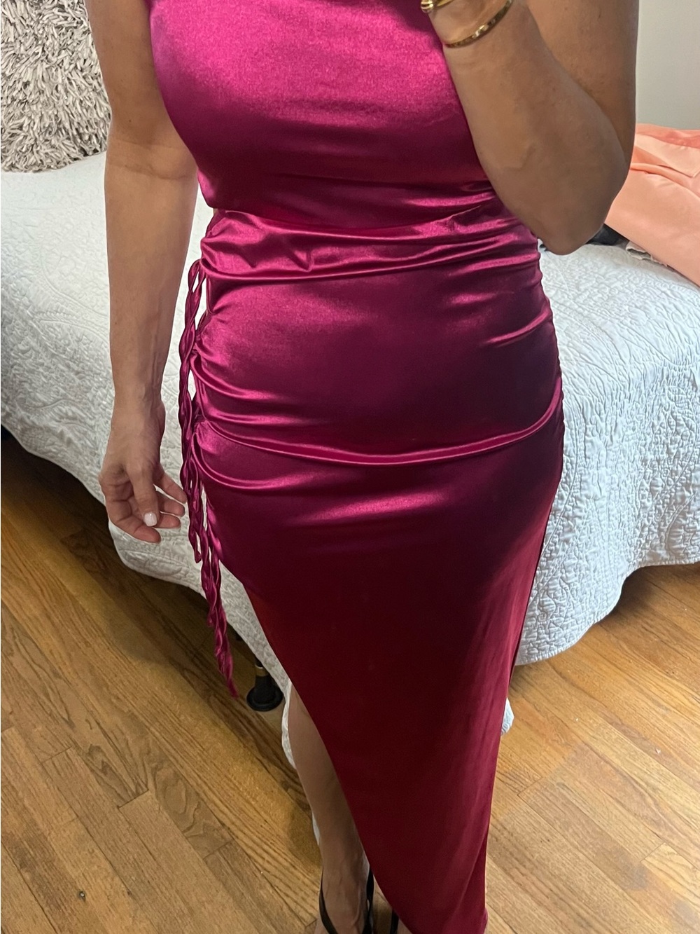 Satin Ruched One-Shoulder Midi Dress in Magenta